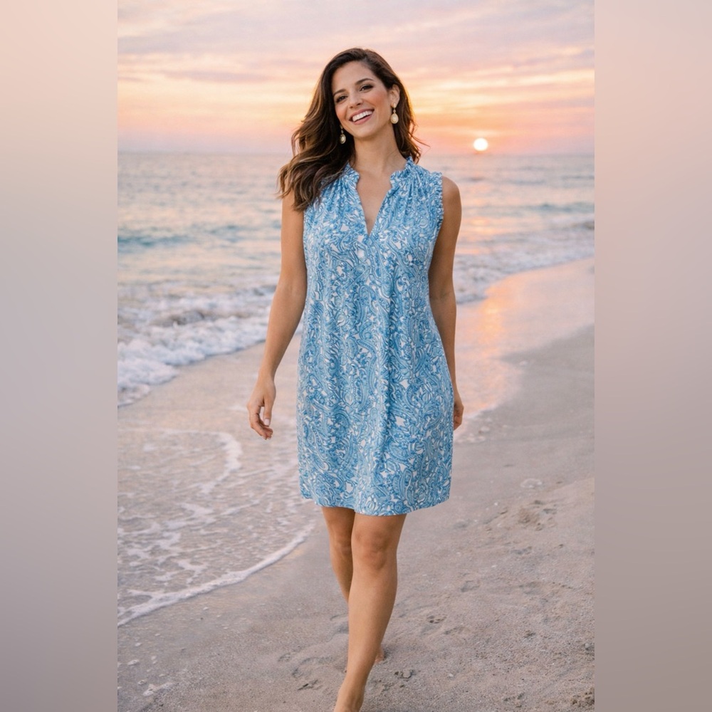 Michael Kors Shift Dress 1X Blue White Paisley Sleeveless Stretch Career Church